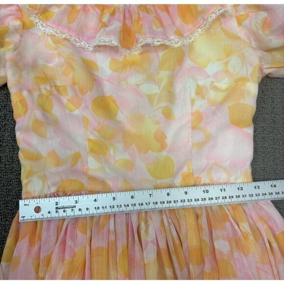 Vintage Handmade Dress Small Orange Floral Airy Cotton Fit Flare Puff Sleeve - Picture 5 of 10